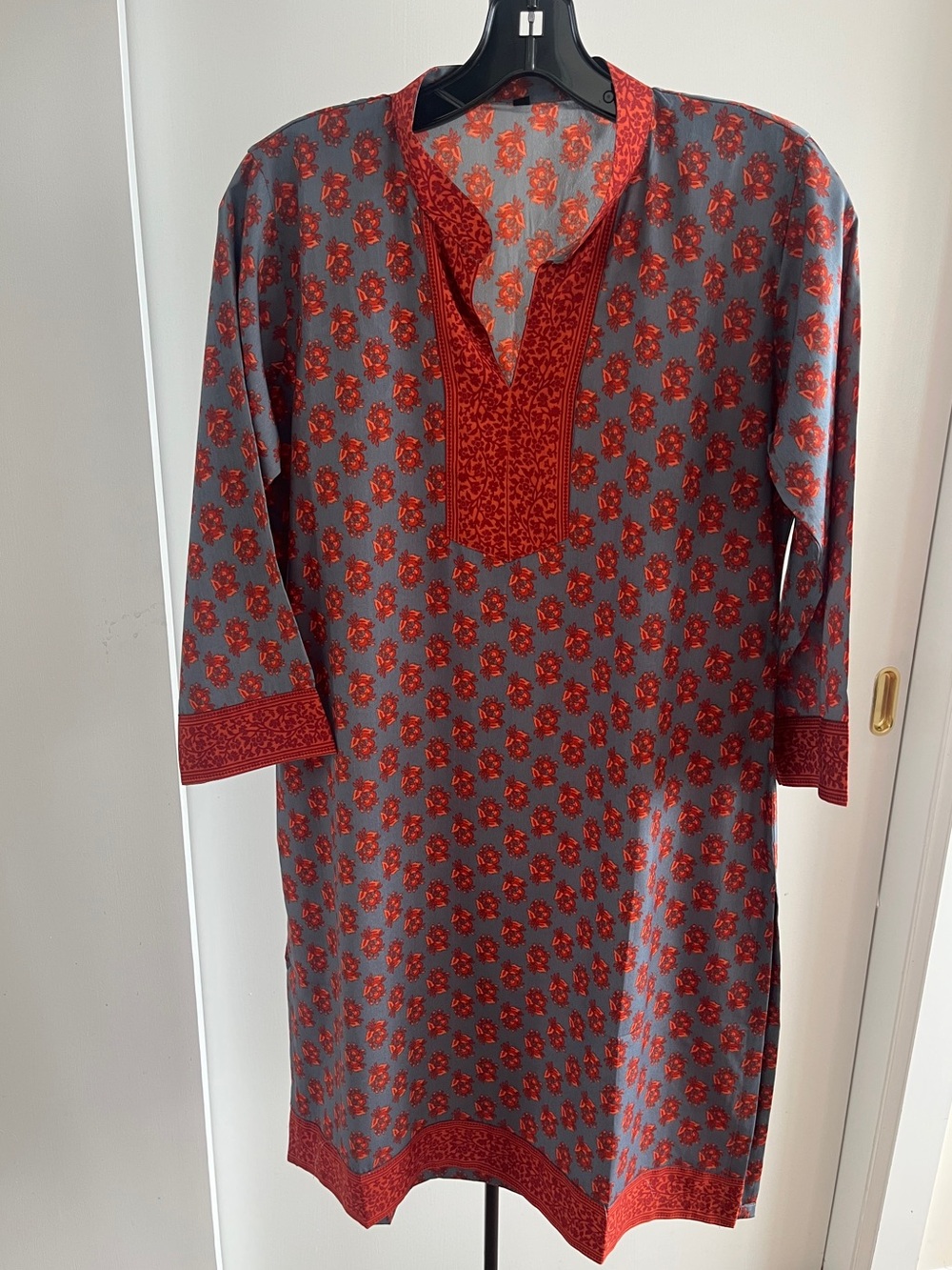 New Fabindia Style Women's Kurta Dress Silky Nehru Collar Gray & Rust Floral M